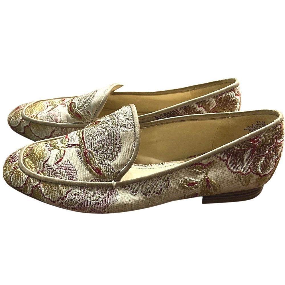 Nine West Xena‎ Slip On Loafers Boho Floral Flats Gold Embroidered Shoes